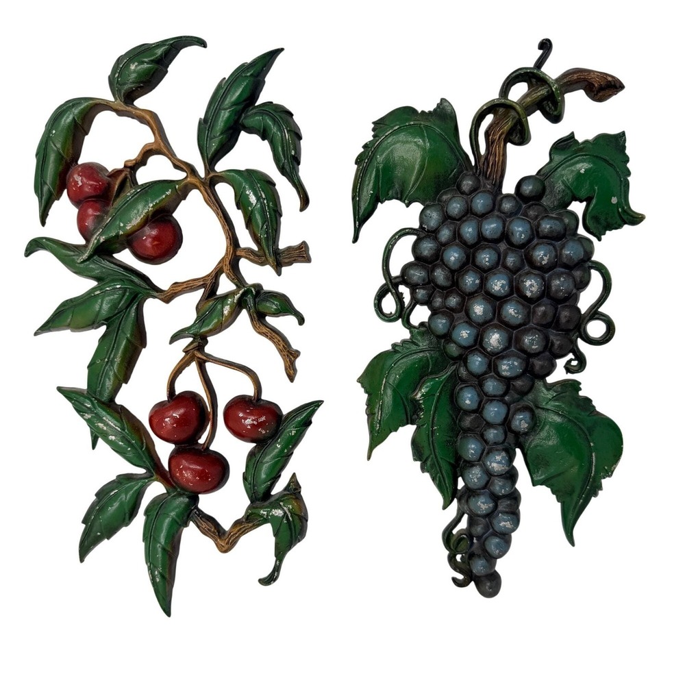 Vintage Sexton Metal Fruit Wall Plaques Grapes & Cherries Mid Century Wall Art‎